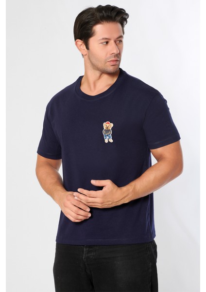 Erkek Oversize Bisiklet Yaka Tişört %100 Pamuk Rahat Kalıp Tedy Ayıcık Detaylı - Günlük Basic Tshirt