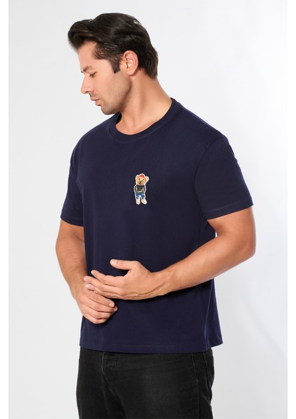 Erkek Oversize Bisiklet Yaka Tişört %100 Pamuk Rahat Kalıp Tedy Ayıcık Detaylı - Günlük Basic Tshirt fiyatları