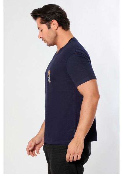 Erkek Oversize Bisiklet Yaka Tişört %100 Pamuk Rahat Kalıp Tedy Ayıcık Detaylı - Günlük Basic Tshirt modelleri