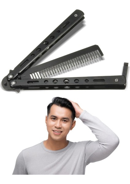 Buffer® Siyah Katlanabilir Paslanmaz Çelik Kelebek Bıçak Tarak Sakal Bıyık Fırçası Profesyonel Saç Kesimi Için Tarak