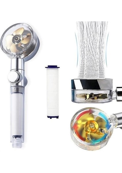 Buffer® Turbo Pervaneli ve Filtreli Su Tasarruflu 360 Derece Dönebilen Tazyikli Duş Başlığı