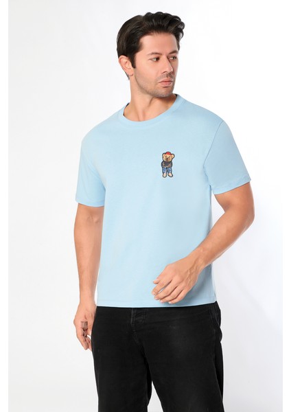 Erkek Oversize Bisiklet Yaka Tişört %100 Pamuk Rahat Kalıp Tedy Ayıcık Detaylı - Günlük Basic Tshirt fiyatları