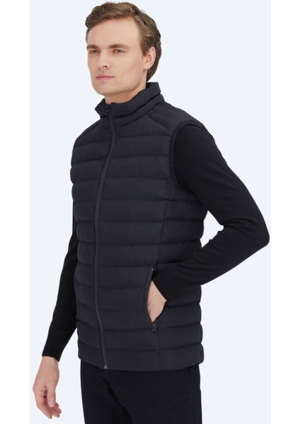 Siyah Dik Yaka Casual Dokuma Spor Yelek