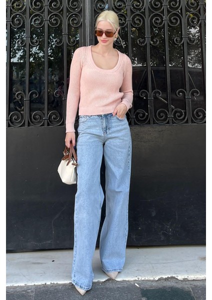 Pudra Bisiklet Yaka Basic Örme Kazak MG2189