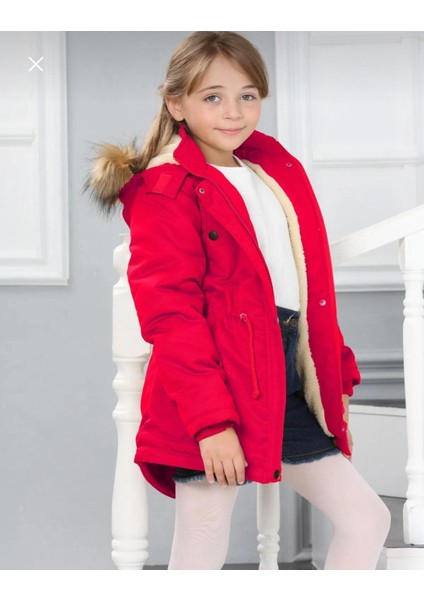 Kız Çocuk Su Geçirmez Çıkarılabilir Kapüşonlu Pelüş Kürk Astarlı Uzun Mont Kaban