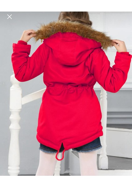 Kız Çocuk Su Geçirmez Çıkarılabilir Kapüşonlu Pelüş Kürk Astarlı Uzun Mont Kaban