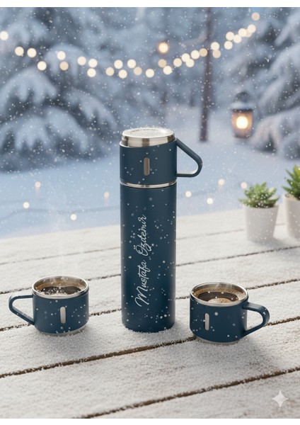 Premium 3 Bardaklı Çelik Termos Set 500ML Paslanmaz Çelik Kahve Termosu Hediye Çantalı