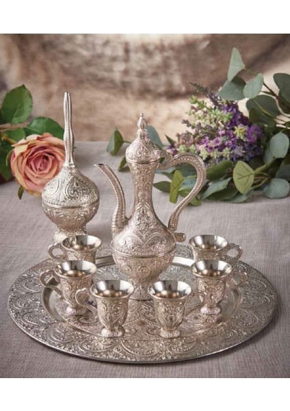 Payitaht 9 Parça Gümüş Renk 6 Adet Fincan,zemzem Ibriği ve Güldanlık Zemzem Takımı modelleri