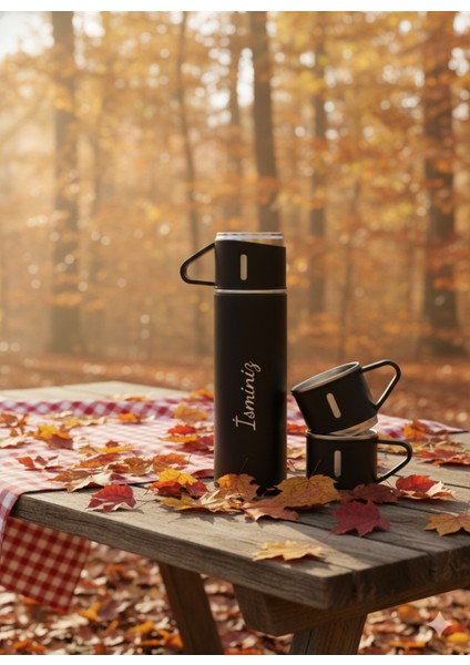 Premium 3 Bardaklı Çay Termosu 500ML Paslanmaz Çelik Kahve Termosu Çantalı Termos Seti