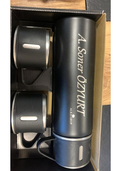 Kişiye Özel Isim ve Baskılı Logolu 3 Bardaklı Set Vakumlu Termos Içecek 500 ml Gore Yeşil 12 Saat Ku