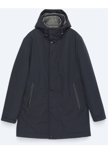 Lacivert Kapüşonlu Casual Dokuma Kaban