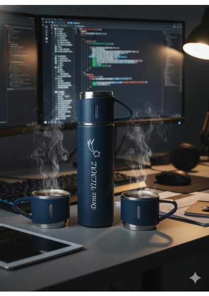 Paslanmaz Çelik Termos 500ML 3 Bardaklı Premium Kahve Termosu Çay Termosu Hediye Çantalı