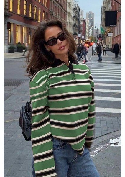 Yeşil Çizgili Düğmeli Polo Yaka Kadın Triko Kazak MG2280