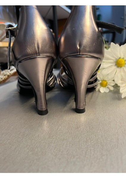 Deri Gül Bantlı Antrasit Latin Salsa Bacata Tango Dans ve Salon Ayakkabısı 7 cm 11 Pont Kadeh Topuk indirimleri