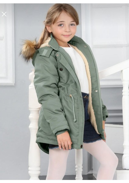 Kız Çocuk Su Geçirmez Çıkarılabilir Kapüşonlu Pelüş Kürk Astarlı Uzun Mont Kaban
