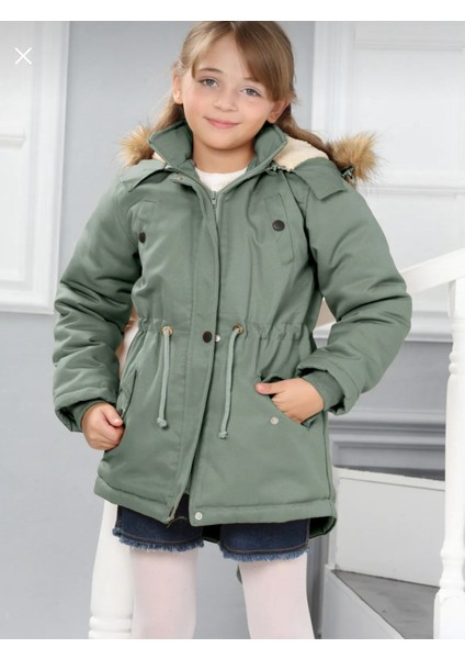 Kız Çocuk Su Geçirmez Çıkarılabilir Kapüşonlu Pelüş Kürk Astarlı Uzun Mont Kaban