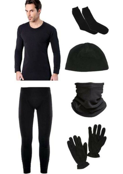 Siyah Termal Içlik Takımı Polar Bere Boyunluk Eldiven Havlu Çorap Seti