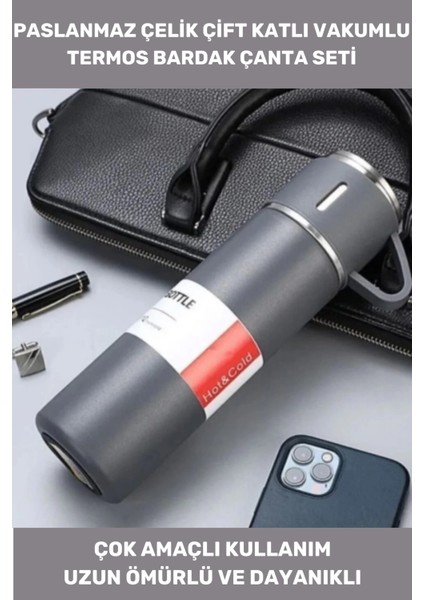 Özel Üretim Paslanmaz Çift Kat Çelik 3 Bardaklı Vakumlu Soğuk Sıcak Çanta Hediyeli Termos Set 550 ml