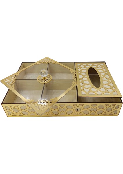 Özel Ahşap Lokum - Çikolata - Şeker - Kuruyemiş 4 Bölümlü Peçete Kutusu ( Bej & Altın )