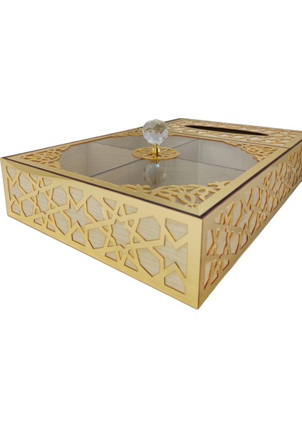 Özel Ahşap Lokum - Çikolata - Şeker - Kuruyemiş 4 Bölümlü Peçete Kutusu ( Bej & Altın ) fırsatları