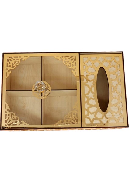 Özel Ahşap Lokum - Çikolata - Şeker - Kuruyemiş 4 Bölümlü Peçete Kutusu ( Bej & Altın ) indirimleri