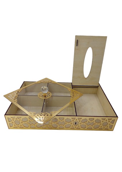 Özel Ahşap Lokum - Çikolata - Şeker - Kuruyemiş 4 Bölümlü Peçete Kutusu ( Bej & Altın )