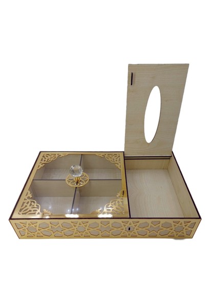 Özel Ahşap Lokum - Çikolata - Şeker - Kuruyemiş 4 Bölümlü Peçete Kutusu ( Bej & Altın )