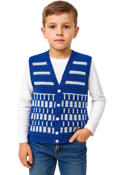 6565 El Örgüsü Şerit Desenli Örgü Yelek - 8 Yaş