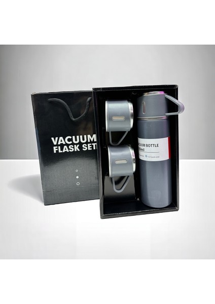 Seyehat Çelik Termos 3 Bardaklı Vakumlu ve Yalıtımlı 450-550 ml Çelik Siyah