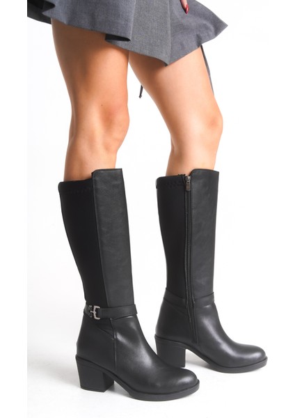 Siyah Deri Görünümlü Arkası Streç Esnek Kalın Yüksek Topuklu Toka Detaylı Fermuarlı Uzun Çizme indirimleri