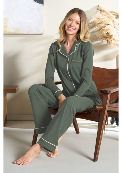 Kadın Biye Detaylı Penye Uzun Kol Pijama Takımı 3103 Yeşil