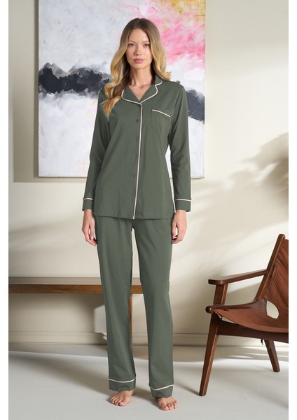 Kadın Biye Detaylı Penye Uzun Kol Pijama Takımı 3103 Yeşil fiyatları