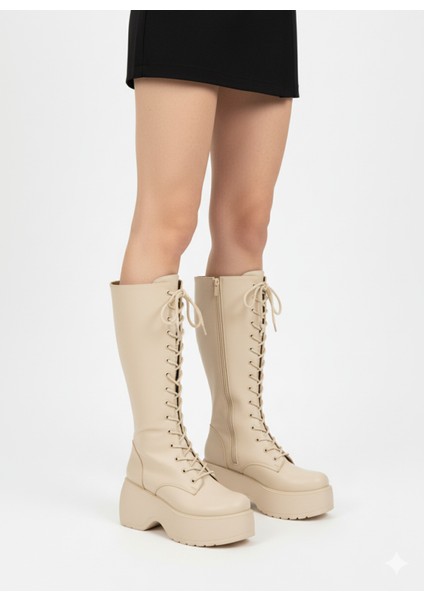 Kalın Yüksek Dolgu Topuklu Fermuarlı Diz Altı Sade Bağcıklı Kadın Çizme fiyatları