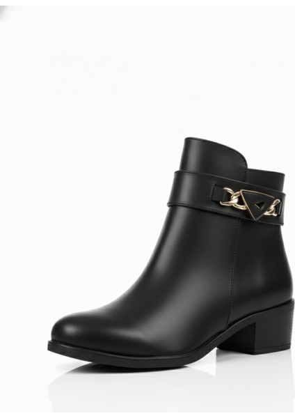 Siyah Yandan Toka Detaylı Fermuarlı Deri Görünümlü Mevsimlik Klasik Kadın Kısa Bot Bootie indirimleri