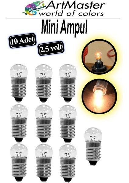 Mini Ampul 2.5 Volt 10 Adet Okul Sınıf Elektrik Devre Küçük Elektrik Deney Ampulü 2.5 Volt Deney Ampulü Küçük Boy