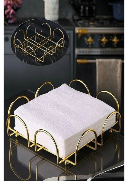 Peçetelik Gold Metal Kare Yatay Cafe Sunum Peçeteliği Masa Üstü Kağıt Mutfak Peçetelik