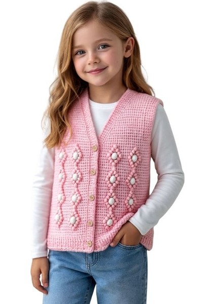 1590 El Örgüsü Şekil Desenli Örgü Yelek - 10 Yaş