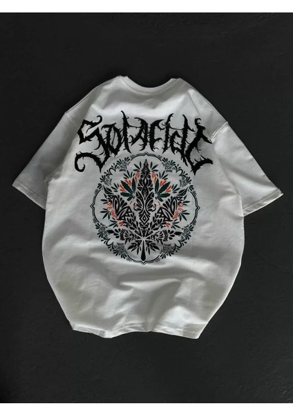 Unisex Bisiklet Yaka Baskılı Oversize T-Shirt - Beyaz fiyatları