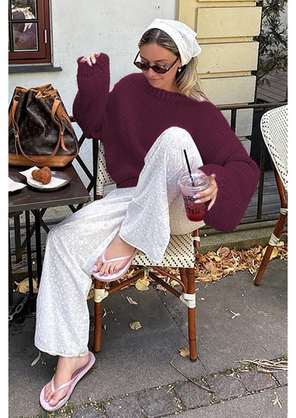 Bordo Balon Kol Rahat Kesim Kadın Triko Kazak MG2602