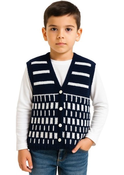 1226 El Örgüsü Şerit Desenli Örgü Yelek - 8 Yaş