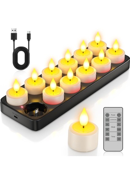 12’li Şarjlı LED Mum Seti – Uzaktan Kumandalı • Zaman Ayarlı • Titrek Alev Efekti • USB Şarj Istasyonlu