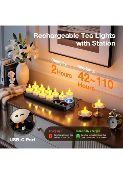 12’li Şarjlı LED Mum Seti – Uzaktan Kumandalı • Zaman Ayarlı • Titrek Alev Efekti • USB Şarj Istasyonlu