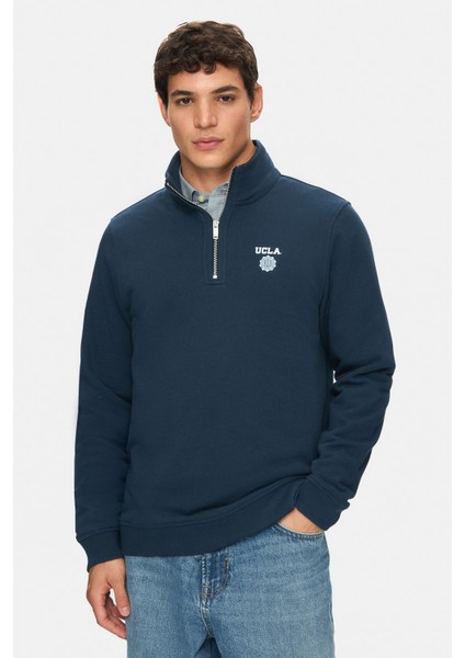 Leon Lacivert Yarım Fermuar Baskılı Dik Yaka Standard Fit Erkek Sweatshirt indirimleri