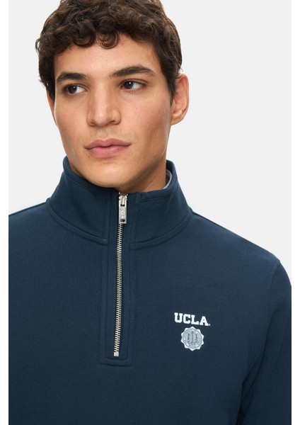 Leon Lacivert Yarım Fermuar Baskılı Dik Yaka Standard Fit Erkek Sweatshirt