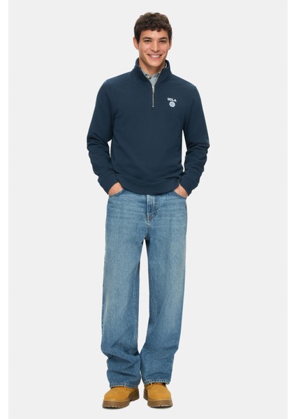 Leon Lacivert Yarım Fermuar Baskılı Dik Yaka Standard Fit Erkek Sweatshirt