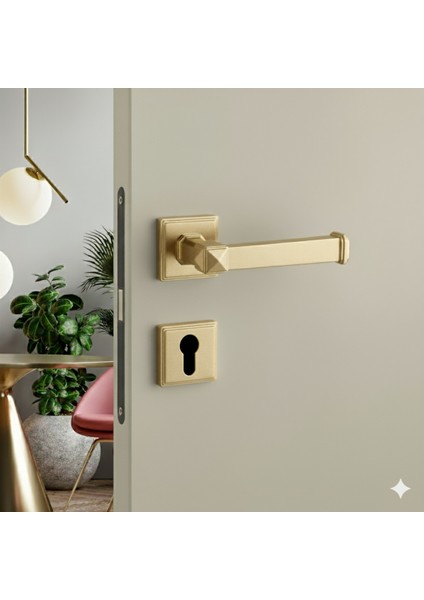 Kayla Rozetli Kapı Kolu Altın Saten Renk Yale ( Dış Kapı Rozetli)