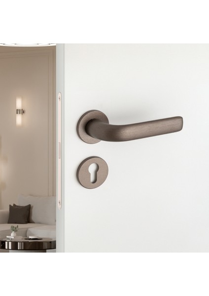 Rıven Rozetli Kapı Kolu Koyu Bronz Saten Renk Yale ( Dış Kapı Rozetli)