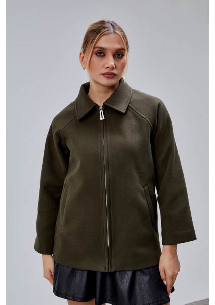 Haki Oversize Fermuarlı Kaşe Ceket