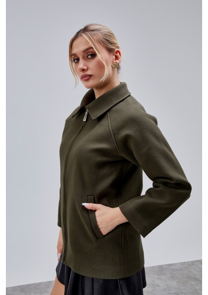 Haki Oversize Fermuarlı Kaşe Ceket