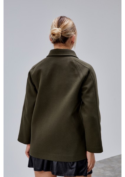 Haki Oversize Fermuarlı Kaşe Ceket